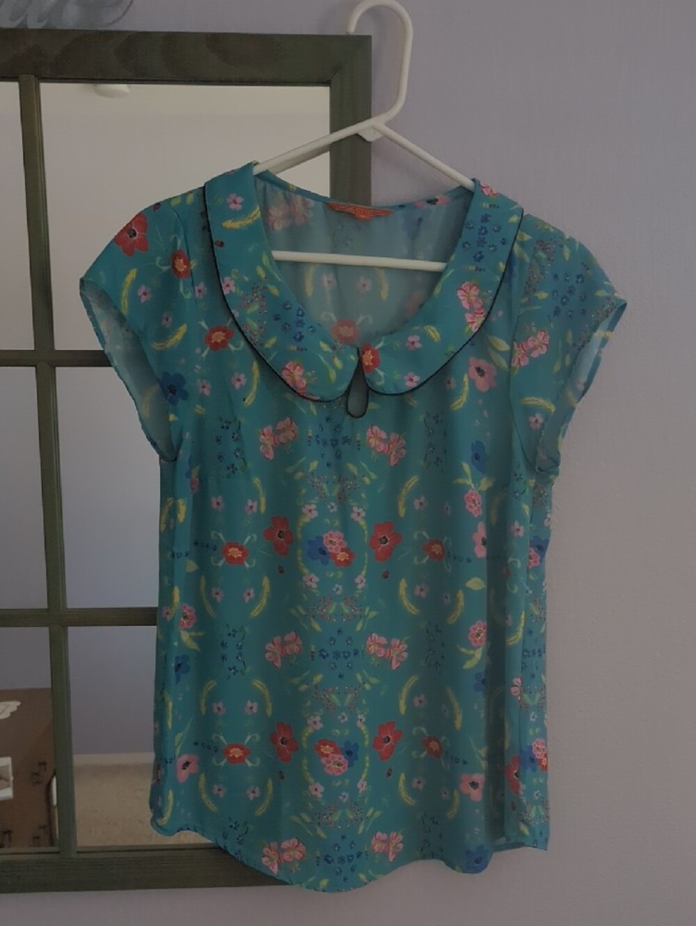 Modcloth Turquoise Floral Peter Pan Collar Blouse Cap Sleeves Size M - Picture 7 of 10